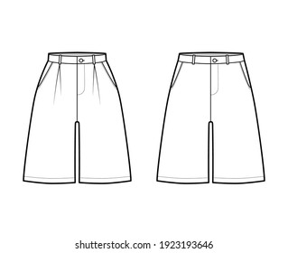 Set de pantalones de vestir de brets holgados Bermudas baratos ilustración técnica de moda con longitud de rodilla, soltero, cintura baja normal, alto aumento. Estilo de color blanco frontal de la plantilla inferior plana. Mujeres, hombres se burlan de CAD