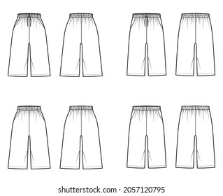 Set of Shorts Bermudas technical fashion illustration with elastic low normal waist, rise, drawstrings, Relaxed fit, knee length. Flat apparel template front, back white color. Women unisex CAD mockup