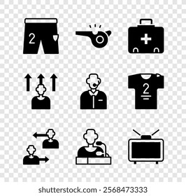 Set Shorts for playing football, Whistle, First aid kit, Substitution player, Football press conference, match TV, soccer and commentator icon. Vector