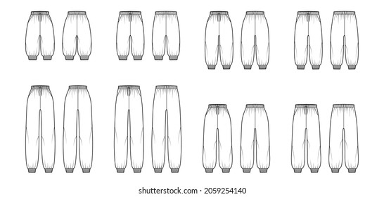 Set of Shorts Sweatpants technical fashion illustration with elastic cuffs, normal low waist, midi knee full ankle length. Flat joggers trousers template front, back, white color. Women men mockup

