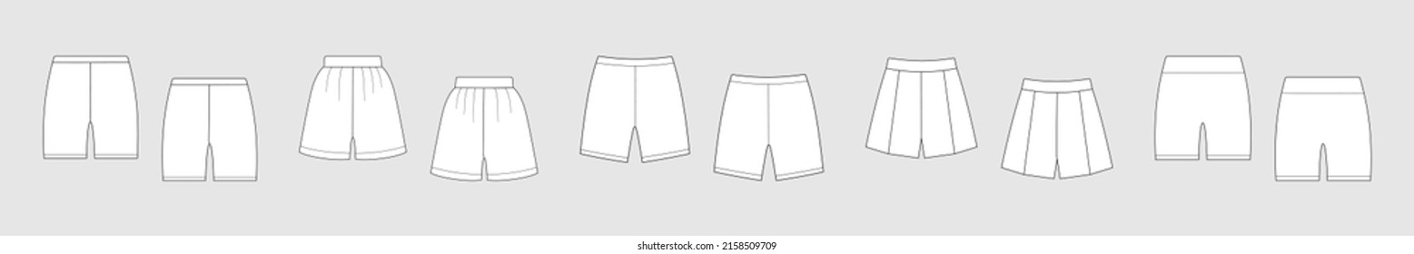 Set of shorts vector template isolated on a grey background. Female model. Front and back view. Outline fashion technical sketch of clothes model.