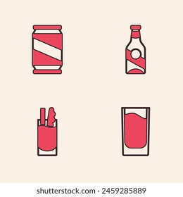 Set Shot glass, Beer can, bottle and Cocktail Bloody Mary icon. Vector