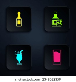 Set Shot glass, Champagne bottle, Cocktail and Whiskey and. Black square button. Vector