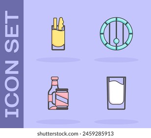 Set Shot glass, Cocktail Bloody Mary, Beer bottle and beer can and Wooden barrel icon. Vector