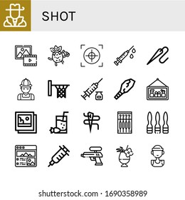Set of shot icons. Such as Hunter, Picture, Drunk, Crosshair, Syringe, Needle, Hoop, Weapon, Pictures, Cocktail, Vaccination, Water gun, Basketball player , shot icons