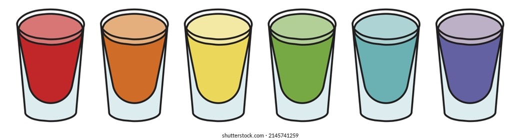 Set of shot shooter cocktails in rainbow LGBT equality flag colors. For gay bar diversity pride party invitations, cards or stickers. Doodle cartoon illustration isolated on white background
