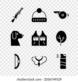 Set Shotgun, Winter hat, Whistle, Bow, Slingshot, Pepper spray, Dog and Hunting jacket icon. Vector