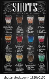 Set of shots menu with a drinks with names in retro style stylized drawing with chalk on chalkboard.