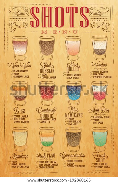 Set Shots Menu Drinks Names Vintage Stock Vector Royalty Free 192860165