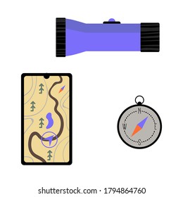 A set of shovel and ax for hiking or travel. Vector illustration.
