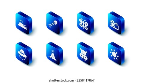 Set Shovel, Butterfly, Photo camera, Sun, Hippo or Hippopotamus, Volcano eruption, Camping hat and Mountains icon. Vector
