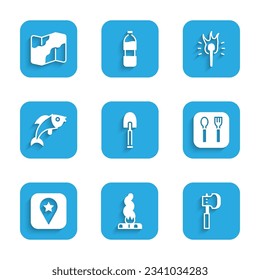 Set Shovel, Campfire, Wooden axe, Fork and spoon, Location for camping, Fish, Torch flame and Camping hiking map icon. Vector