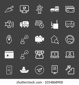 set of shovel, chart, road sign, truck, credit card, call, usd coins, office desk, bus, business idea, camera, house search, calendar, phone, laptop price, video call, boat, chat, banner vector icon