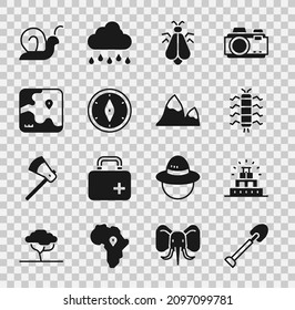 Set Shovel, Chichen Itza in Mayan, Centipede insect, Mosquito, Compass, Africa safari map, Snail and Mountains icon. Vector