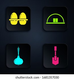 Set Shovel, Chicken egg in box, Onion and Hangar. Black square button. Vector
