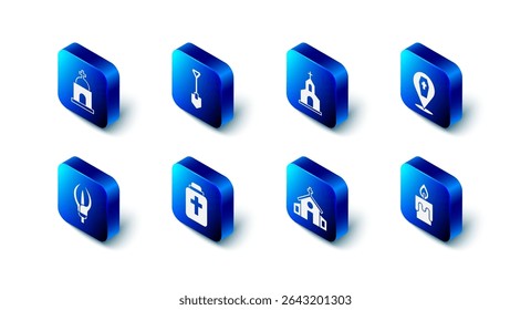 Set Shovel, Church building, Coffin with cross, Burning candle, Funeral, Lily flower and Old crypt icon. Vector