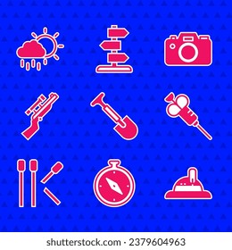Set Shovel, Compass, Hunter hat, Syringe, Matches, Sniper rifle with scope, Photo camera and Cloud rain icon. Vector