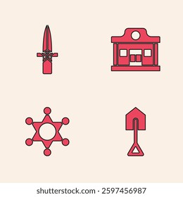 Set Shovel, Dagger, Wild west saloon and Hexagram sheriff icon. Vector