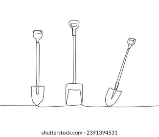 Set of shovel, dig, construction, cleaning one line art. Continuous line drawing of repair, professional, hand, people, concept, support, maintenance.