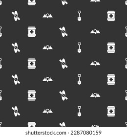Set Shovel, First aid kit, Kayak or canoe and Location mountains on seamless pattern. Vector