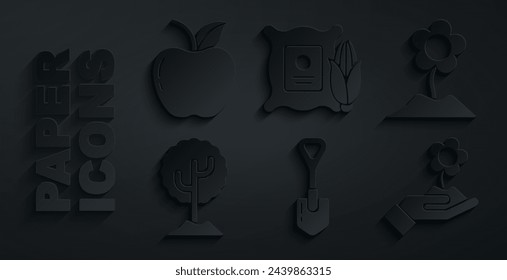 Set Pala, Flor, Árbol, Mano sosteniendo flor, Maíz el saco y el icono de manzana. Vector