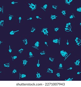 Set Shovel, Fresh berries, Bird house and Fruit tree on seamless pattern. Vector