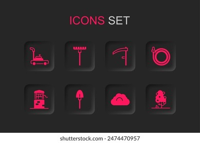 Set Shovel, Garden rake, Lawn mower, Cloudy weather, hose, Fruit tree, Scythe and Well icon. Vector