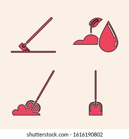 Set Shovel, Garden rake in work, Watering sprout and Shovel in the ground icon. Vector