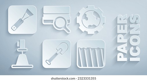 Set Shovel, Gear wheels and earth, Tacheometer, theodolite, Ground, Soil analysis and Paint brush icon. Vector