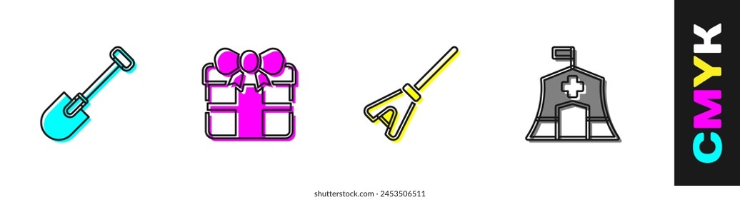 Set Shovel, Gift box, Mop and Emergency medical tent icon. Vector