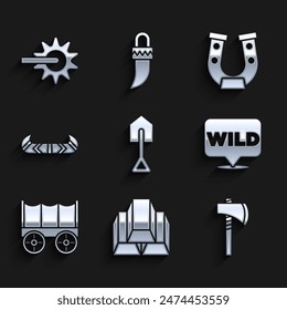 Set Pala, Barras de Oro, Hacha Tomahawk, Puntero al oeste salvaje, Vagón cubierto salvaje, Kayak o canoa y remo, Herradura e icono de Espolón. Vector