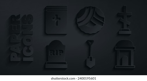 Set Shovel, Grave with cross, Tombstone RIP written, Old crypt, Memorial wreath and Holy bible book icon. Vector