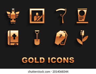 Set Shovel, Grave with tombstone, Flower rose, Coffin cross, Holy bible book, Scythe, Christmas angel and Mourning photo frame icon. Vector