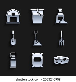 Set Shovel in the ground, Bag of flour, Cheese, Garden rake, Can container for milk,  and Farm House concept icon. Vector