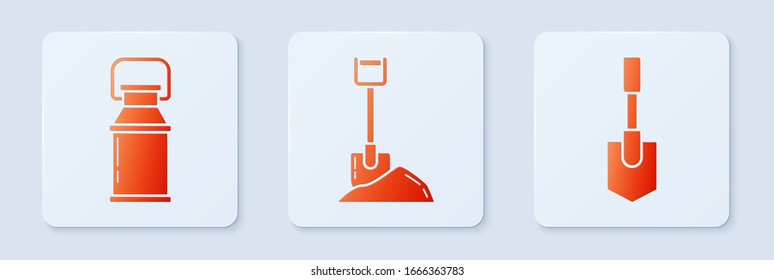 Set Shovel in the ground, Can container for milk and Shovel. White square button. Vector