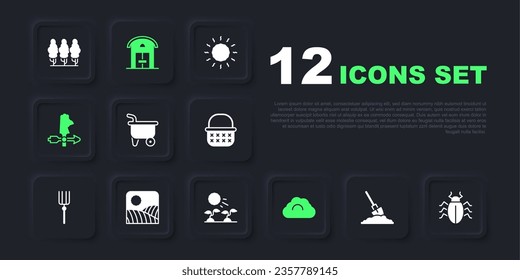 Set Shovel in the ground, Colorado beetle, Wheelbarrow, Cloudy weather, Rooster vane, Agriculture wheat field farm, Farm house and Plant sprouts grow sun icon. Vector