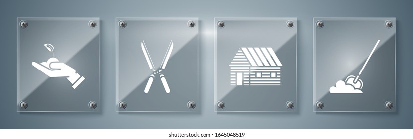 Set Shovel in the ground, Farm house, Gardening handmade scissors for trimming and Sprout in hand of environmental protection. Square glass panels. Vector