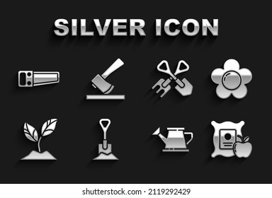 Set Shovel in the ground, Flower, Apple sack, Watering can, Plant, and rake, Hand saw and Wooden axe icon. Vector