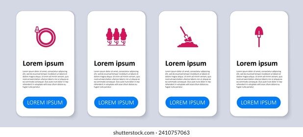 Ponga Shovel, en el suelo, árboles frutales y manguera de jardín. Plantilla de infografía empresarial. Vector