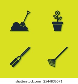 Set Shovel in the ground, Garden rake for leaves, Gardening handmade scissor and Flower pot icon. Vector