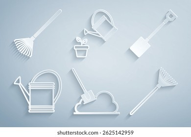Set Shovel in the ground, Garden shovel, Watering can, rake for leaves,  and  icon. Vector