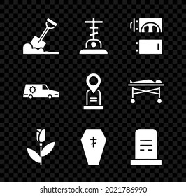 Set Shovel in the ground, Grave with cross, Crematorium, Flower rose, Coffin, tombstone, Hearse car and Location grave icon. Vector