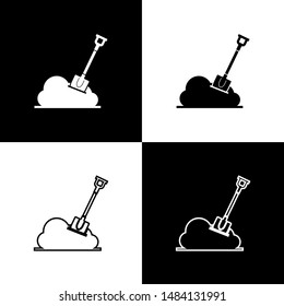 Set Shovel in the ground icon isolated on black and white background. Gardening tool. Tool for horticulture, agriculture, farming.  Vector Illustration