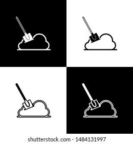 Set Shovel in the ground icon isolated on black and white background. Gardening tool. Tool for horticulture, agriculture, farming.  Vector Illustration