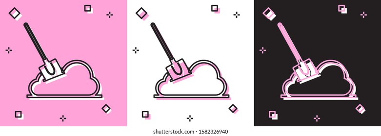 Set Shovel in the ground icon isolated on pink and white, black background. Gardening tool. Tool for horticulture, agriculture, farming.  Vector Illustration