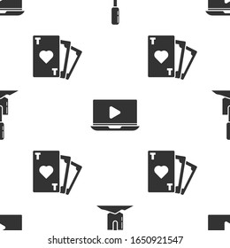 Set Shovel in the ground, Online play video and Playing card with heart symbol on seamless pattern. Vector