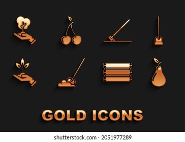 Set Shovel in the ground, Pear, Wooden box, Plant hand of environmental protection, Garden rake work, Tree and Cherry icon. Vector