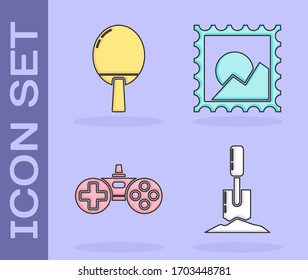 Set Shovel in the ground, Racket for playing table tennis, Gamepad and Picture landscape icon. Vector