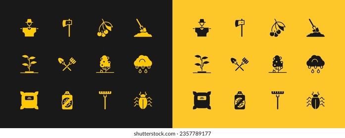 Set Shovel in the ground, Spray against insects, Fruit tree, Garden rake, and, Fresh berries, Scarecrow and Wooden axe icon. Vector