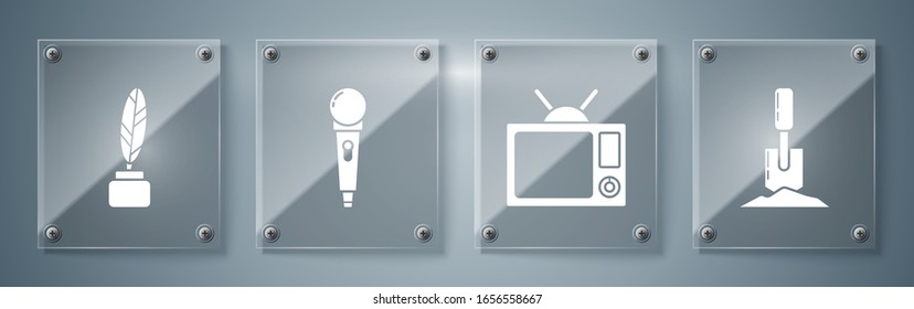 Set Shovel in the ground, Television, Microphone and Feather and inkwell. Square glass panels. Vector